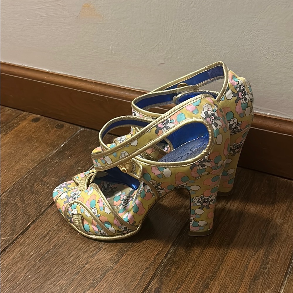 Irregular Choice Pastel on Yellow with gold trim Heels